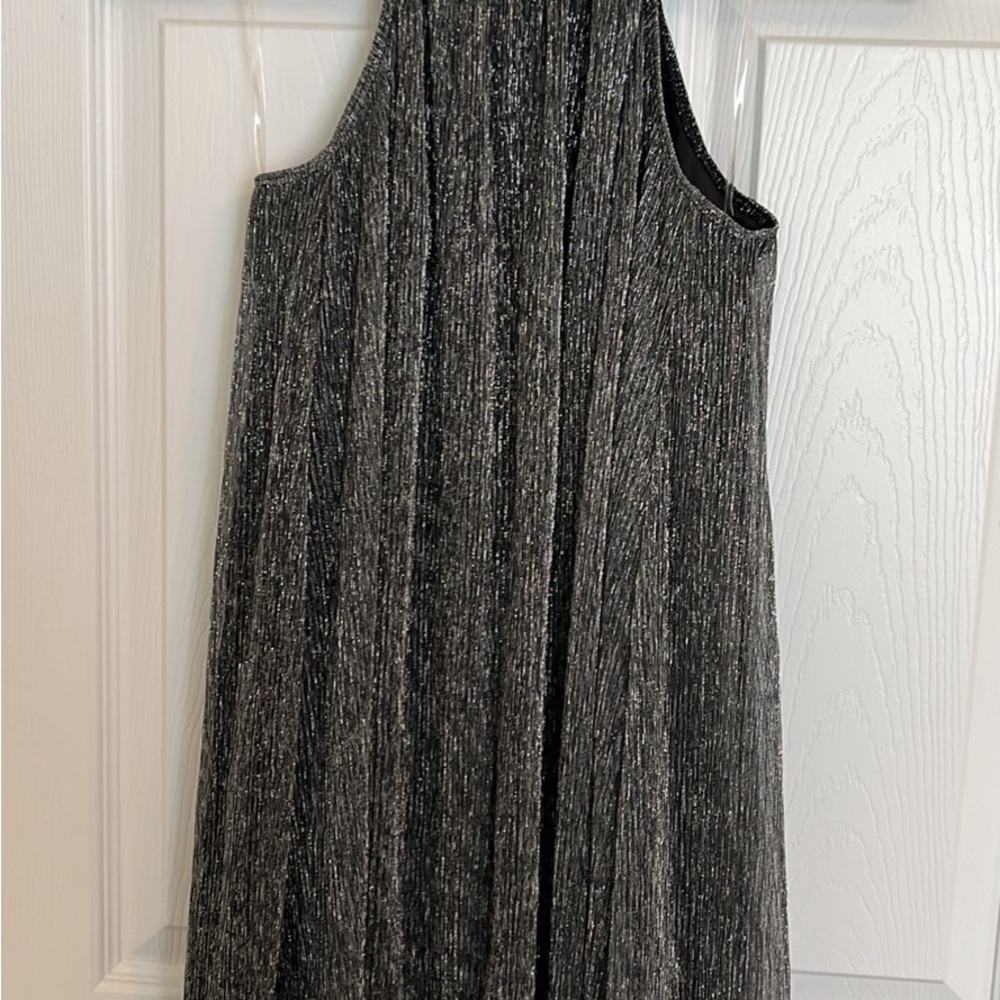 Black ribbed midi sheath dress with halter neckline for casual work